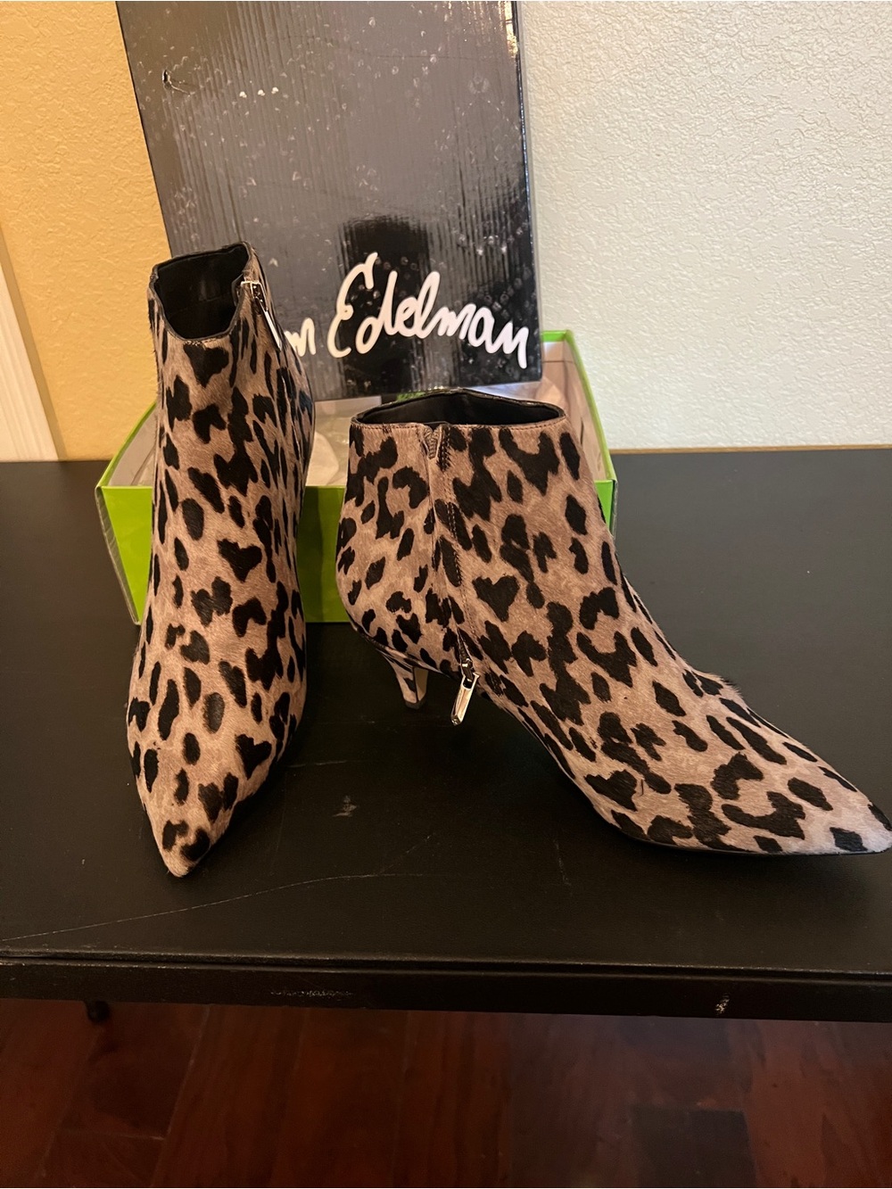 Sam Edelman Leopard Print Pointed Ankle Booties in Tan and Black